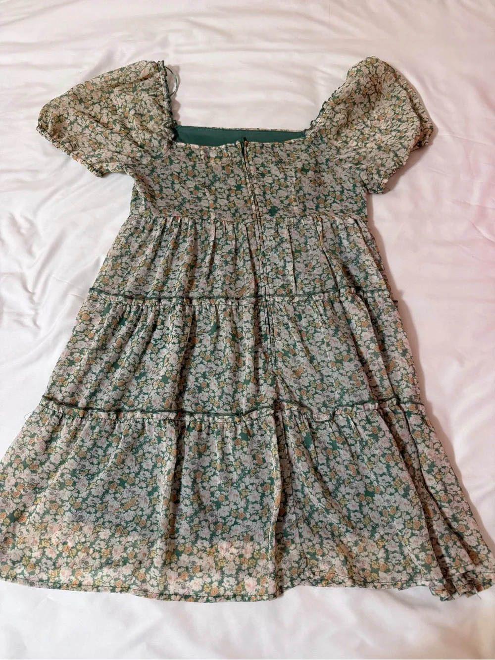Women's Floral Tiered Green Dress with Puff Sleeves